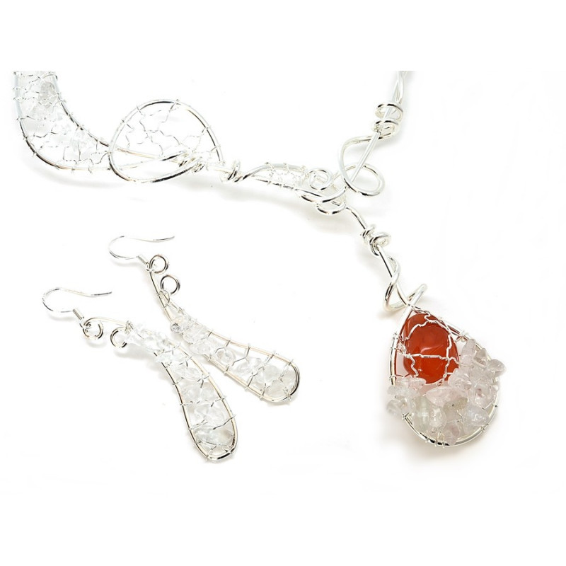 Souprava náhrdelník a náušnice křišťál s karneolem